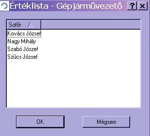 értéklista - gépjárművezető