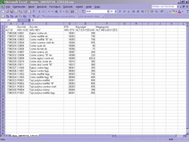 excelbe kimentett árlista táblázat